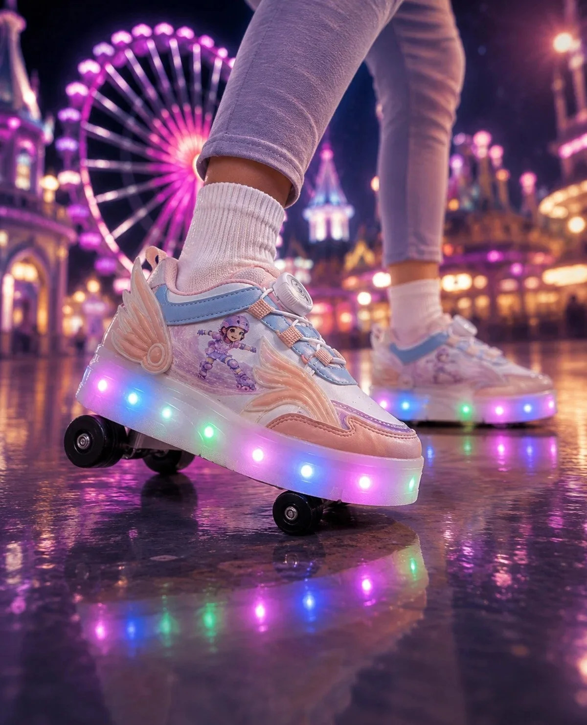 Pudra Renk Kız Çocuk Kanatlı ve Işıklı BOA Bağcıklı Kız Çocuk Paten Sneaker