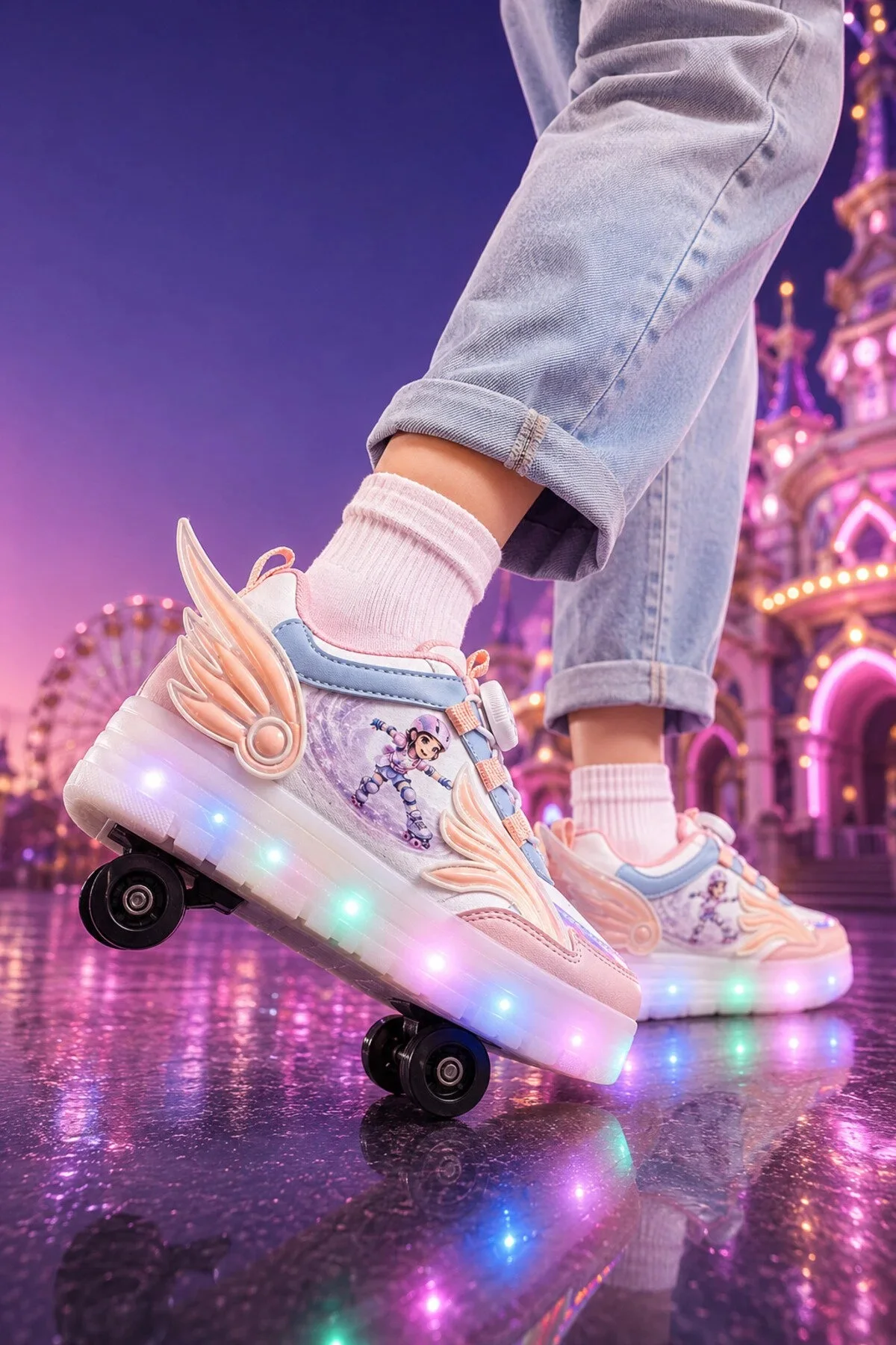 Pudra Renk Kız Çocuk Kanatlı ve Işıklı BOA Bağcıklı Kız Çocuk Paten Sneaker