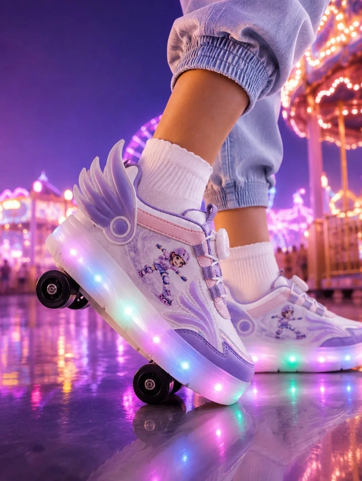 Lila Renk Kız Çocuk Kanatlı ve Işıklı BOA Bağcıklı Kız Çocuk Paten Sneaker