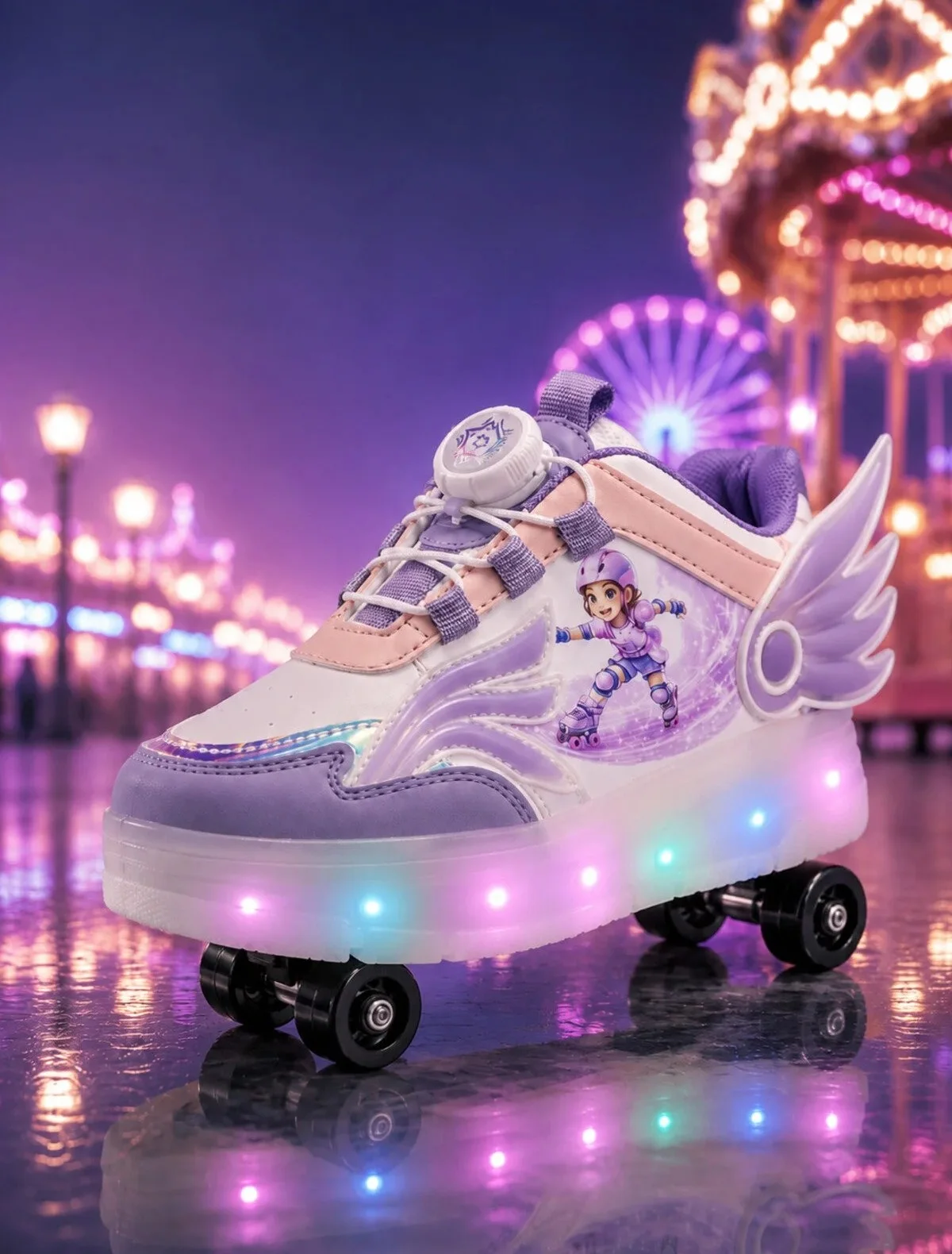 Lila Renk Kız Çocuk Kanatlı ve Işıklı BOA Bağcıklı Kız Çocuk Paten Sneaker