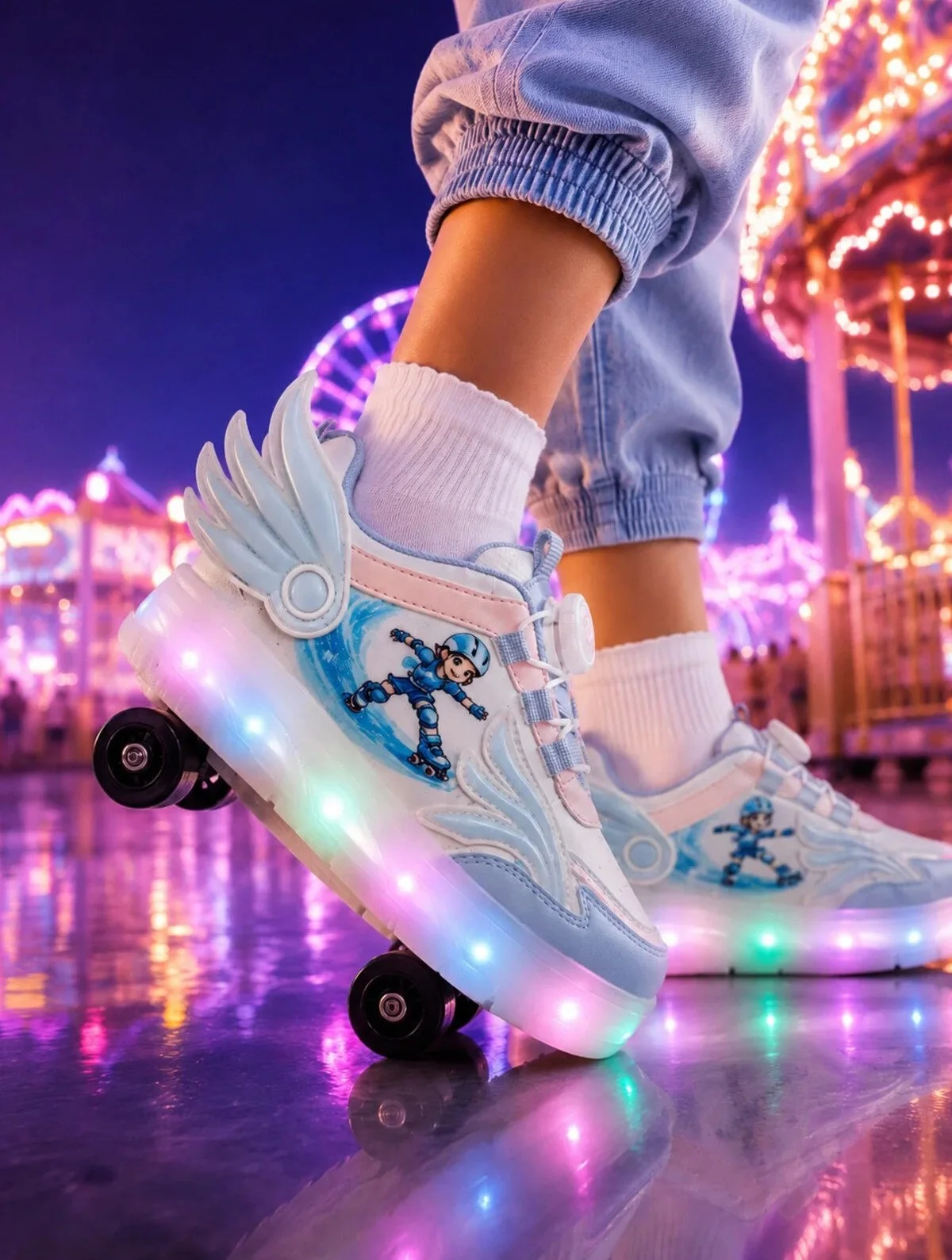 Mavi Renk Kız Çocuk Kanatlı ve Işıklı BOA Bağcıklı Kız Çocuk Paten Sneaker