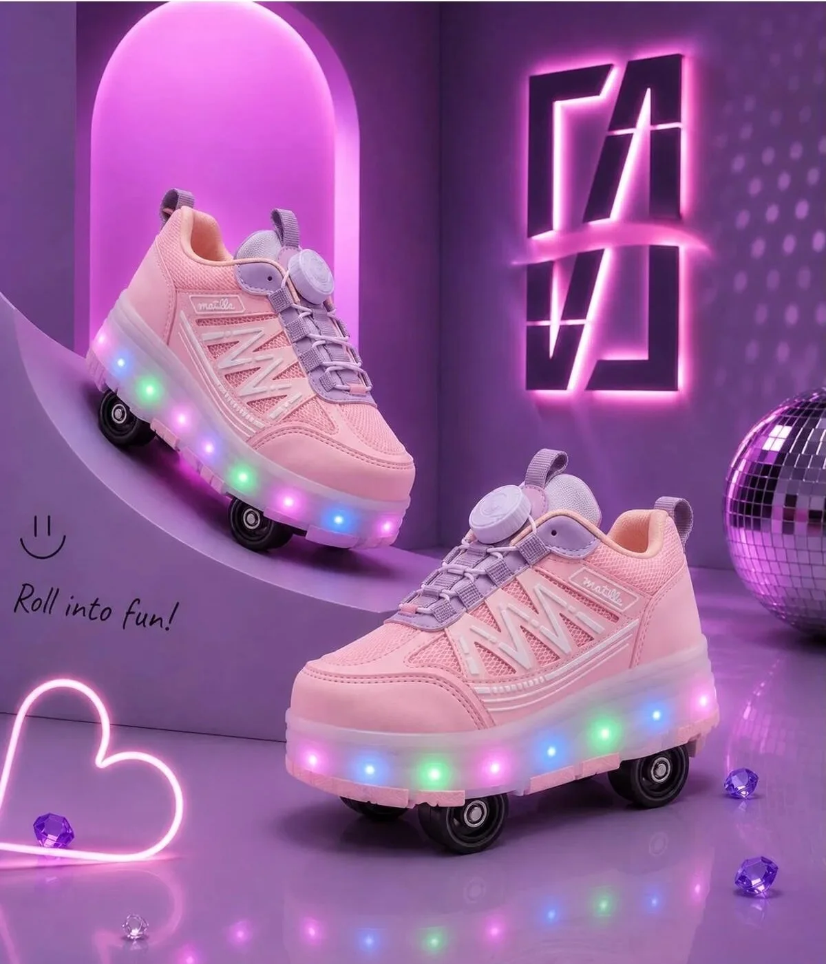 Pembe Renk Işıklı ve Akıllı Bağcıklı Çocuk Paten Spor Ayakkabı